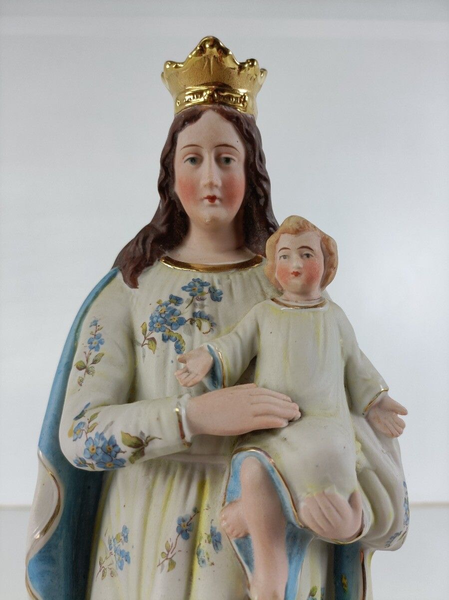 Art Bisque Porcelain Antique Statue Virgin Mary Madonna With Infant Child Pastel Blu photo
