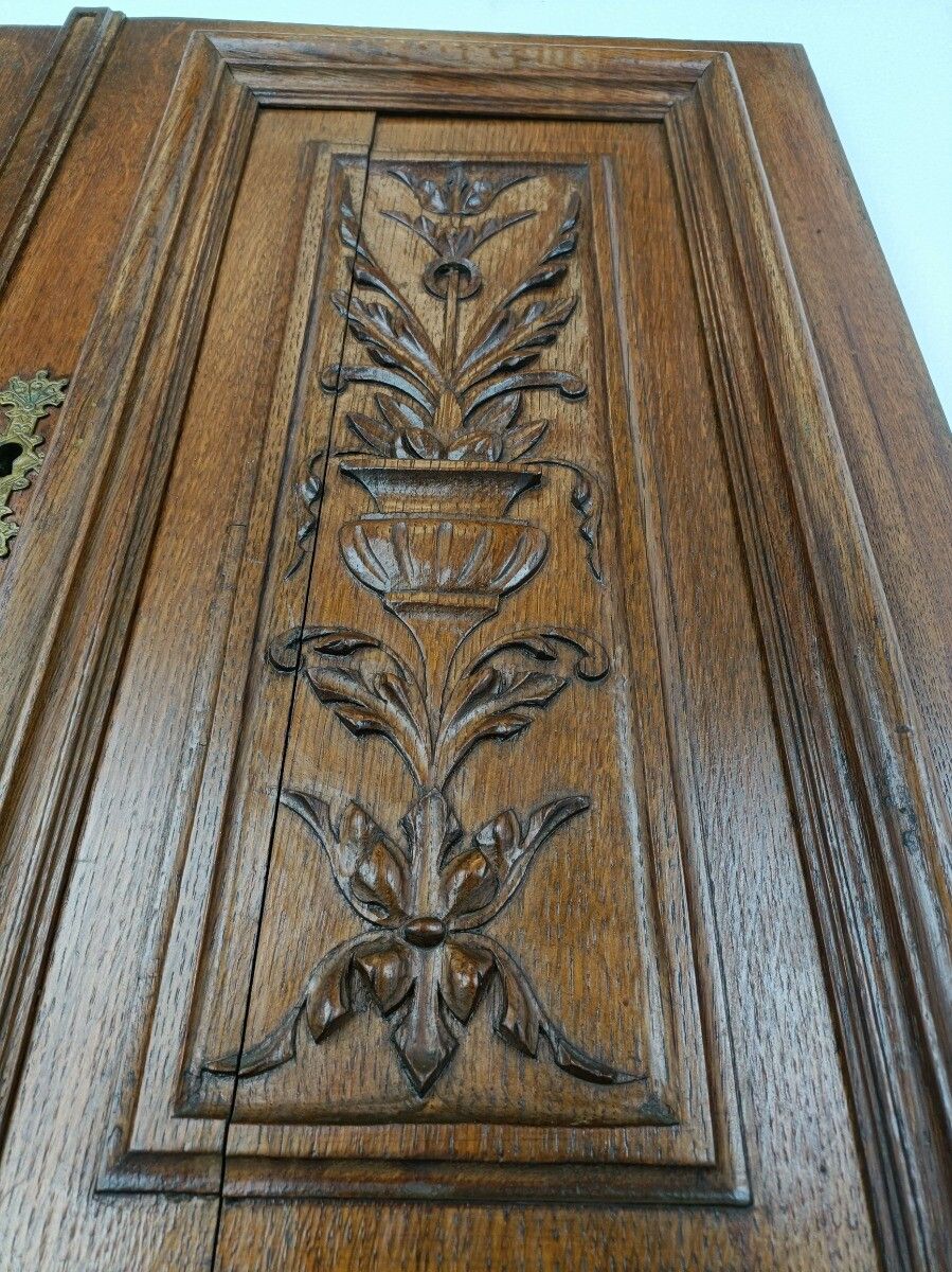 Pair French Hand Carved Wood Oak Door Panels Reclaimed Architectural Flower Bask photo vintage