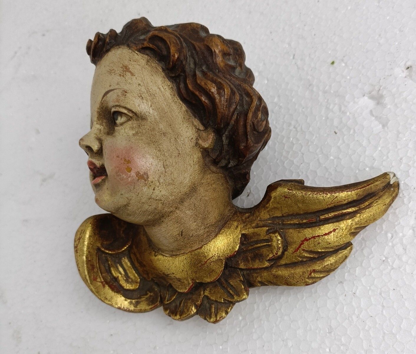 Angel Sculpture  Italian Wood Carving Statue Wooden Archangel Figure Wallhangi photo for sale