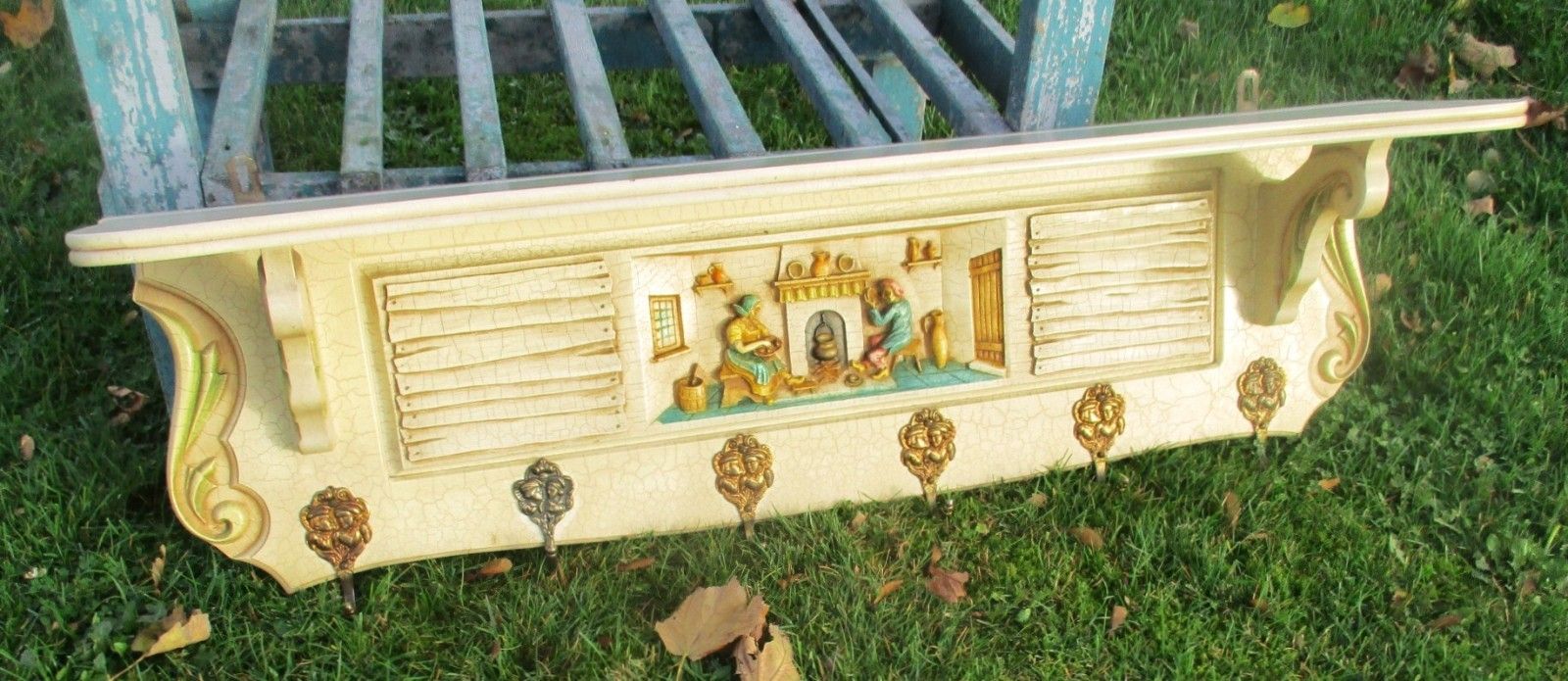 Vintage French Provincial Wooden Coat Hat Rack Farmer Fireplace Crackled Beige