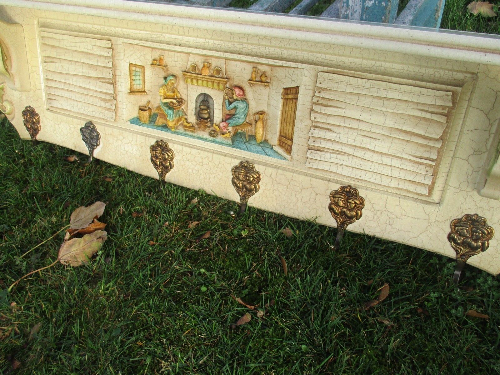 Vintage French Provincial Wooden Coat Hat Rack Farmer Fireplace Crackled Beige photo vinterior
