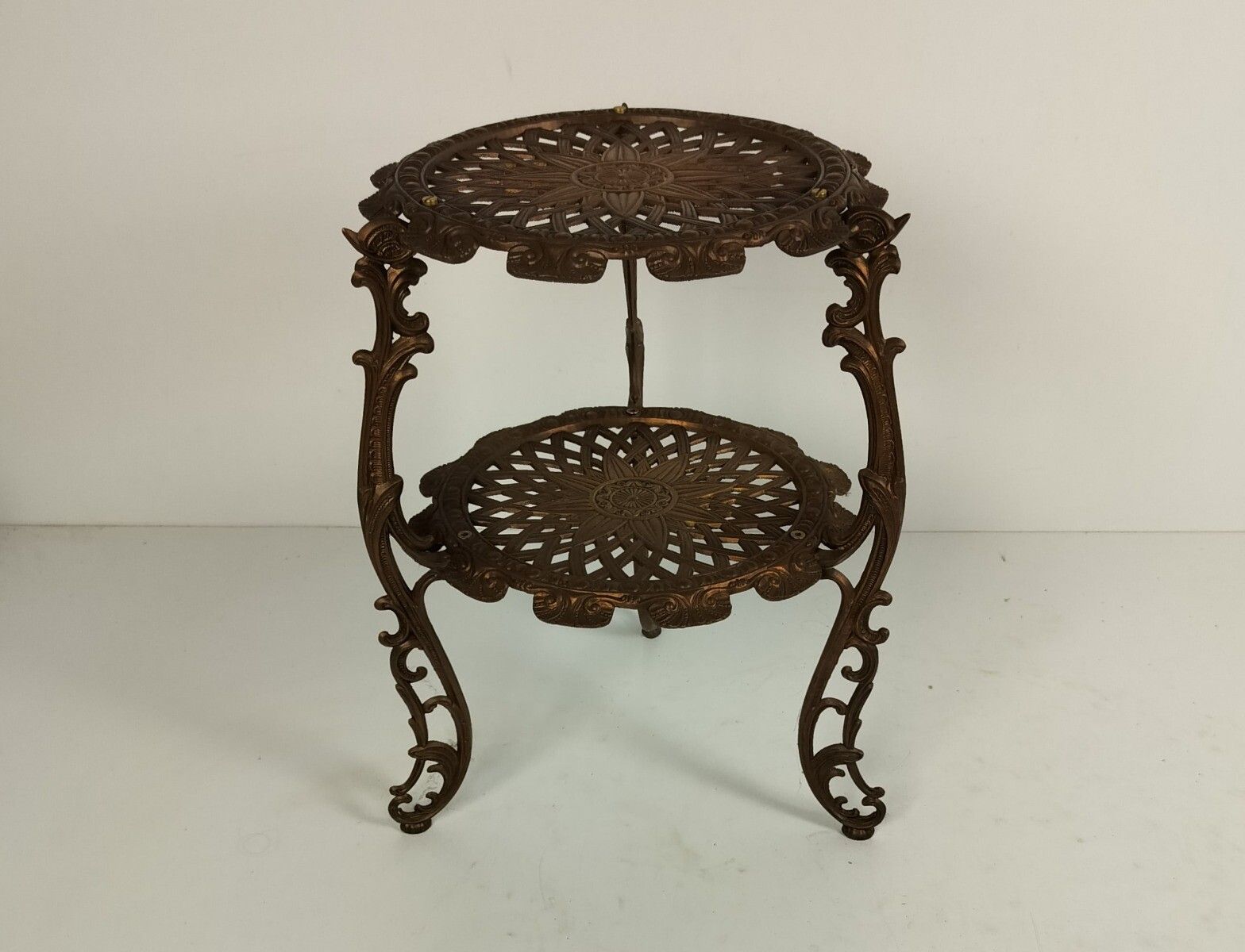 Brass Ornate Pedestal Vintage Copper Coated Two Tier Side Table Plant Stand photo Furniture