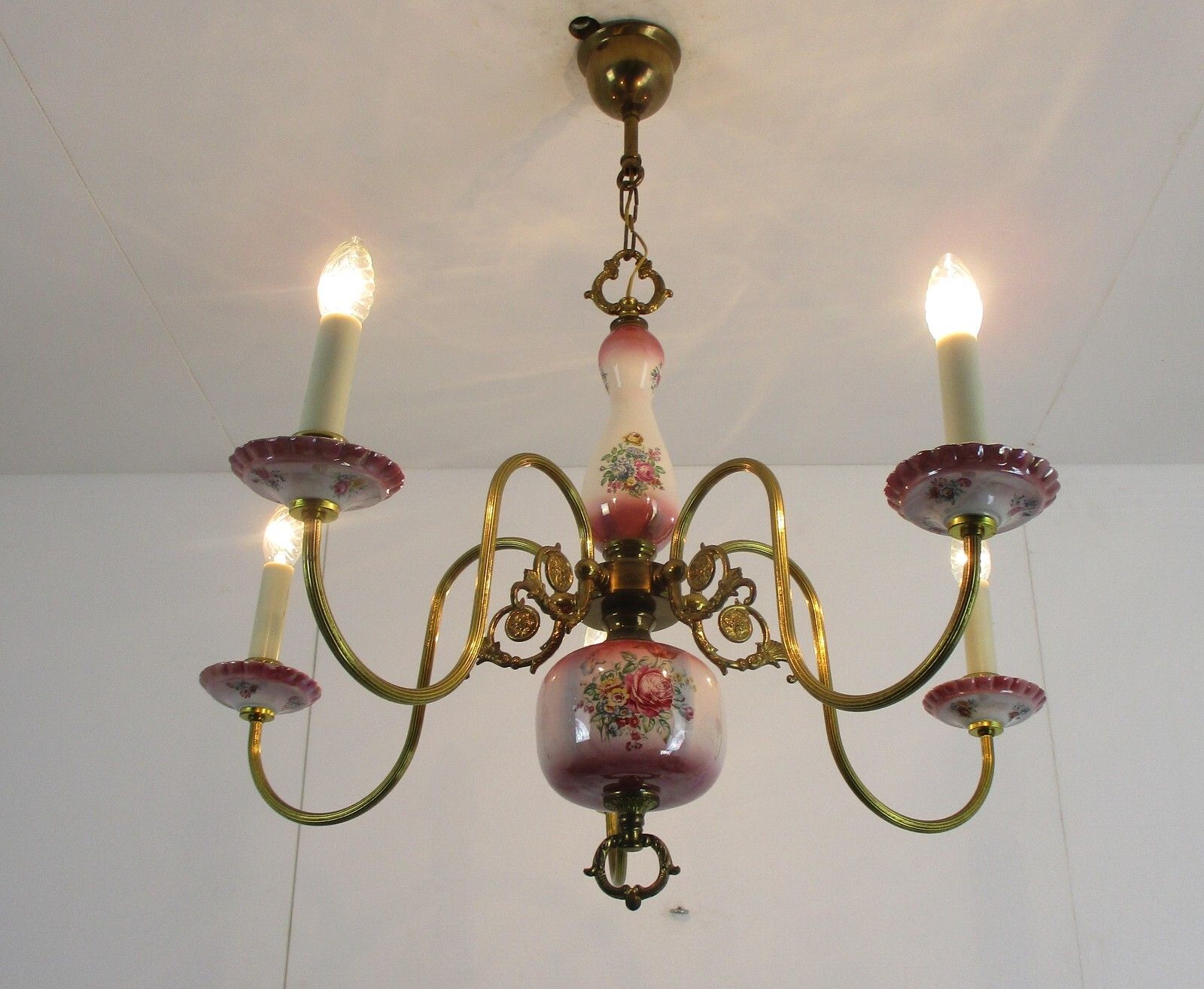 Chandelier 5 Arms Lights Ceramic Porcelain Ceramic Brass Italian Pink  Flowers photo for sale