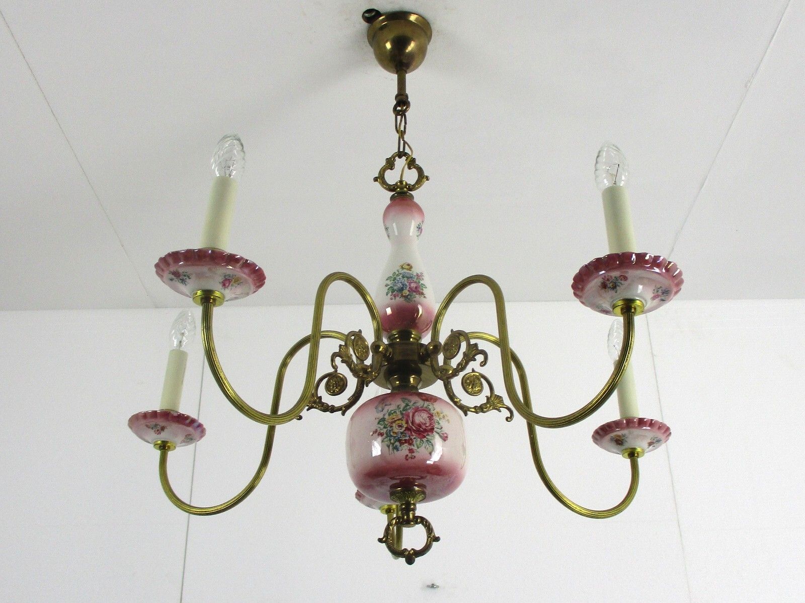 Chandelier 5 Arms Lights Ceramic Porcelain Ceramic Brass Italian Pink  Flowers photo Lighting