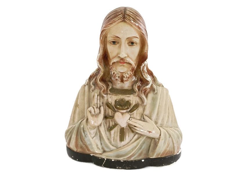 Antique Plaster French Bust Jesus Christ Statue Sacred Heart Art Deco Polychrome