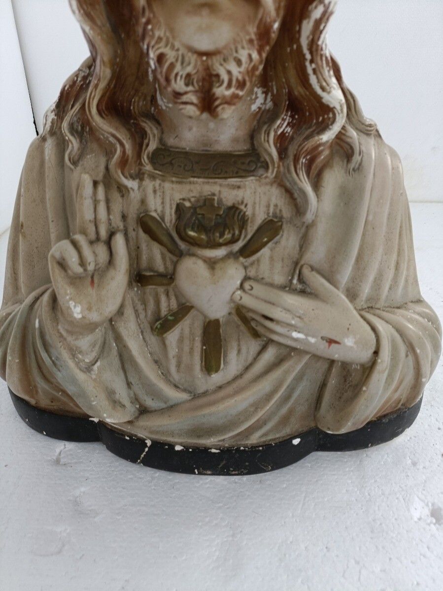 Antique Plaster French Bust Jesus Christ Statue Sacred Heart Art Deco Polychrome photo for sale
