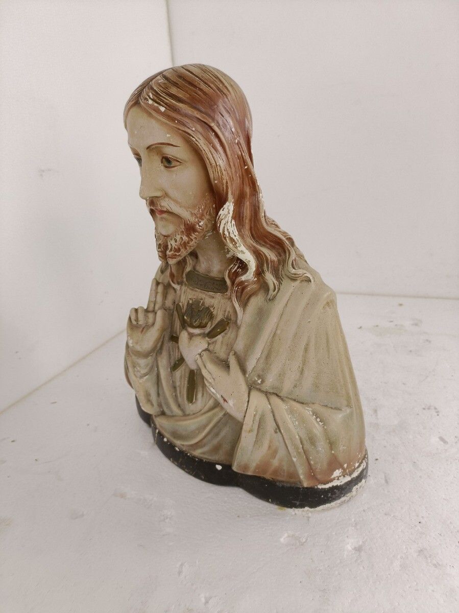 Antique Plaster French Bust Jesus Christ Statue Sacred Heart Art Deco Polychrome photo Art