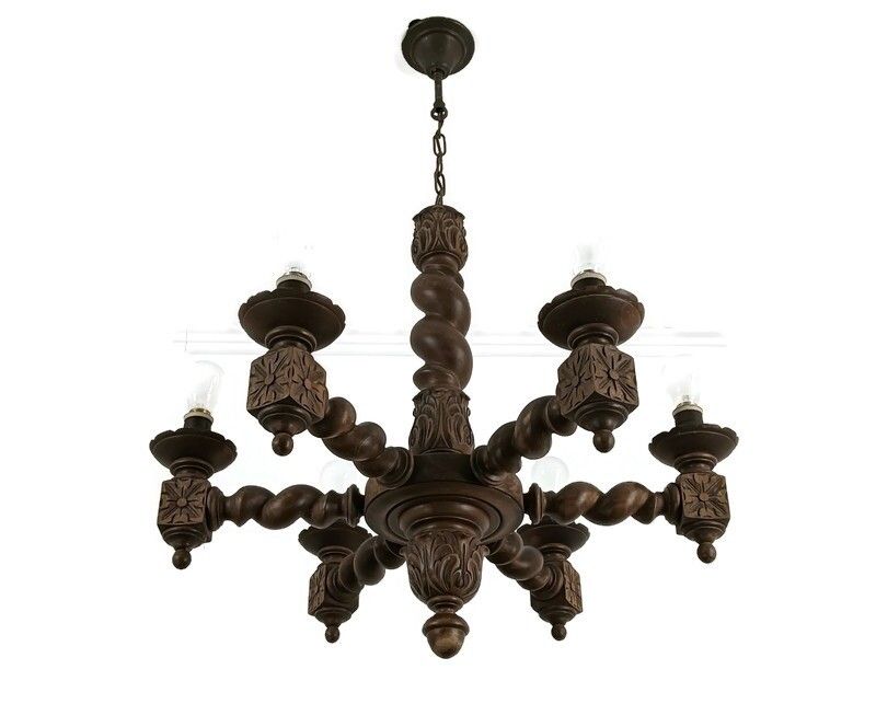 Wooden Vintage Carved Wood Barley Twist Chandelier Ornate Farmhouse Style Barn