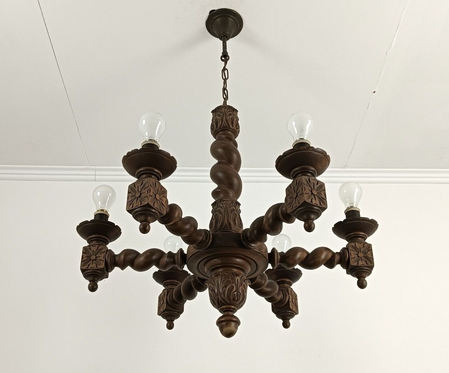 Wooden Vintage Carved Wood Barley Twist Chandelier Ornate Farmhouse Style Barn photo Lighting