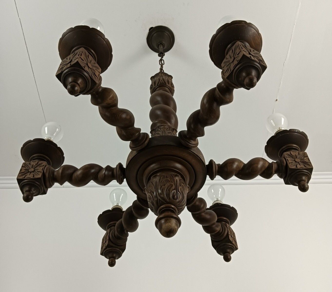 Wooden Vintage Carved Wood Barley Twist Chandelier Ornate Farmhouse Style Barn photo 566.0