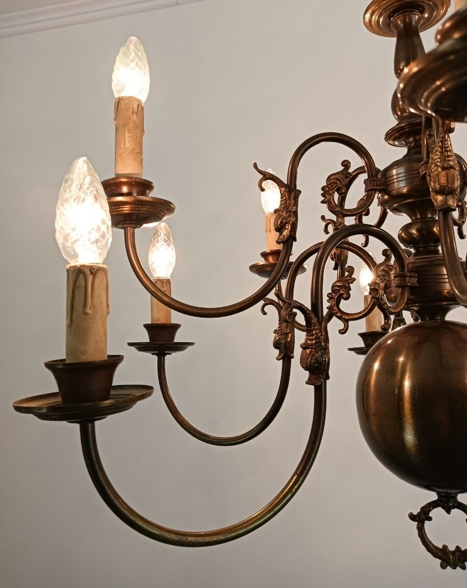Double Flemish Dutch Chandelier Brass 10 Lights Fish Farmhouse Barn Style Vintag photo vinterior