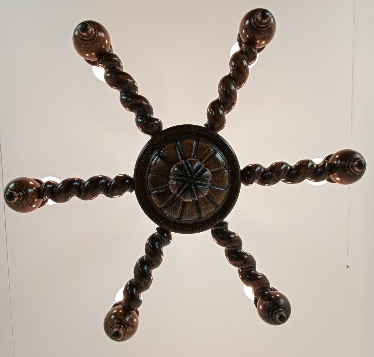 Barley Twist Twisted Wooden Wood Chandelier Gorgeously Carved 6 Lights Arm Farmh photo for sale