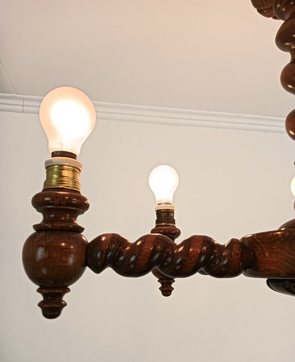 Barley Twist Twisted Wooden Wood Chandelier Gorgeously Carved 6 Lights Arm Farmh photo 485.0