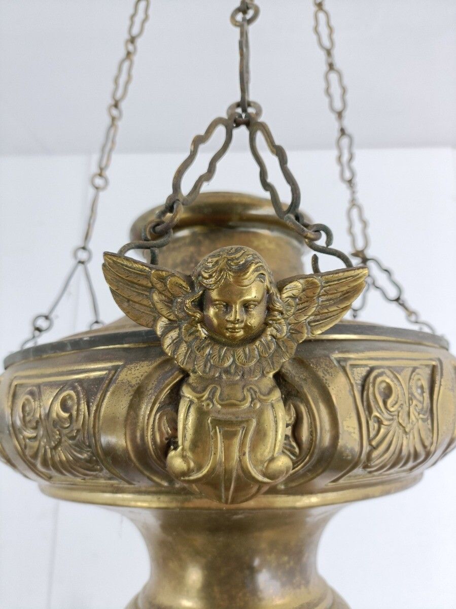 Antique French Brass  Neo Gothic Sanctuary Lamp Church Ornate Htf photo for sale