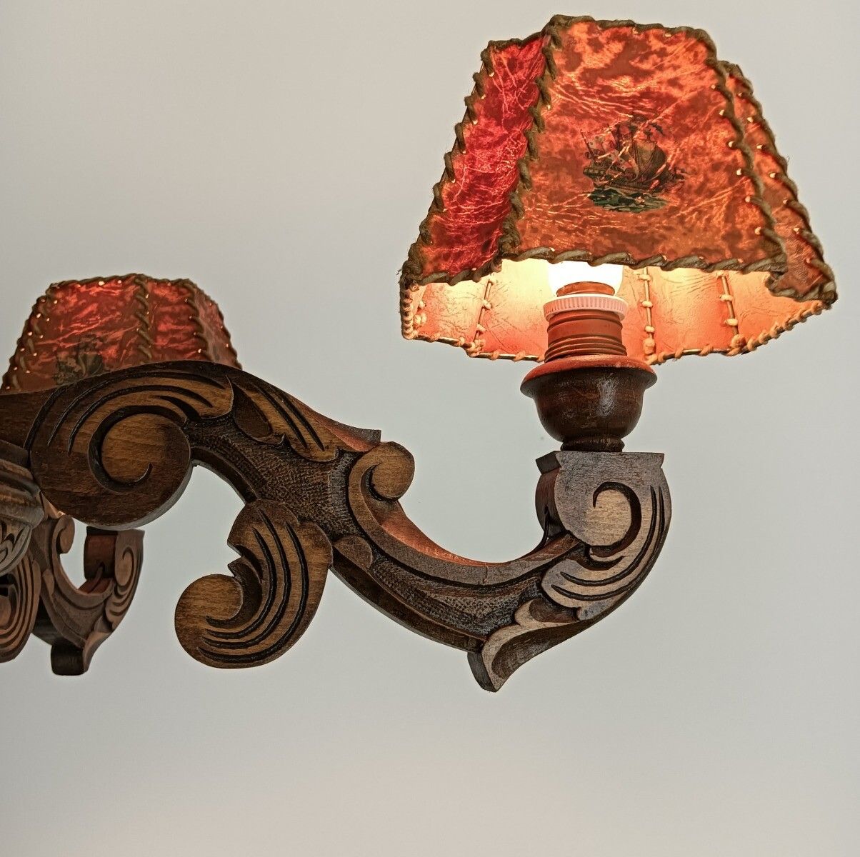 Vintage Hand Carved Wooden Chandelier With Hoods Modernist 5 Lights Barn Style photo vinterior