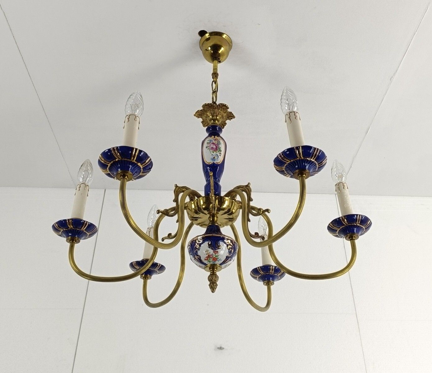 Italian Porcelain Chandelier Cobalt Blue Italy Vintage 6 Lights 6 Arm photo vinterior