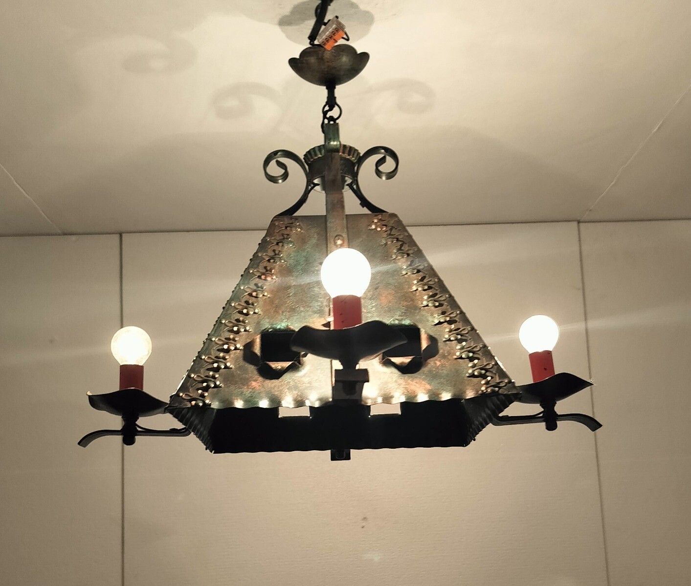 Chandelier Pendant Funky Gothic Style Metal Shade Brass Look 5 Lights photo for sale