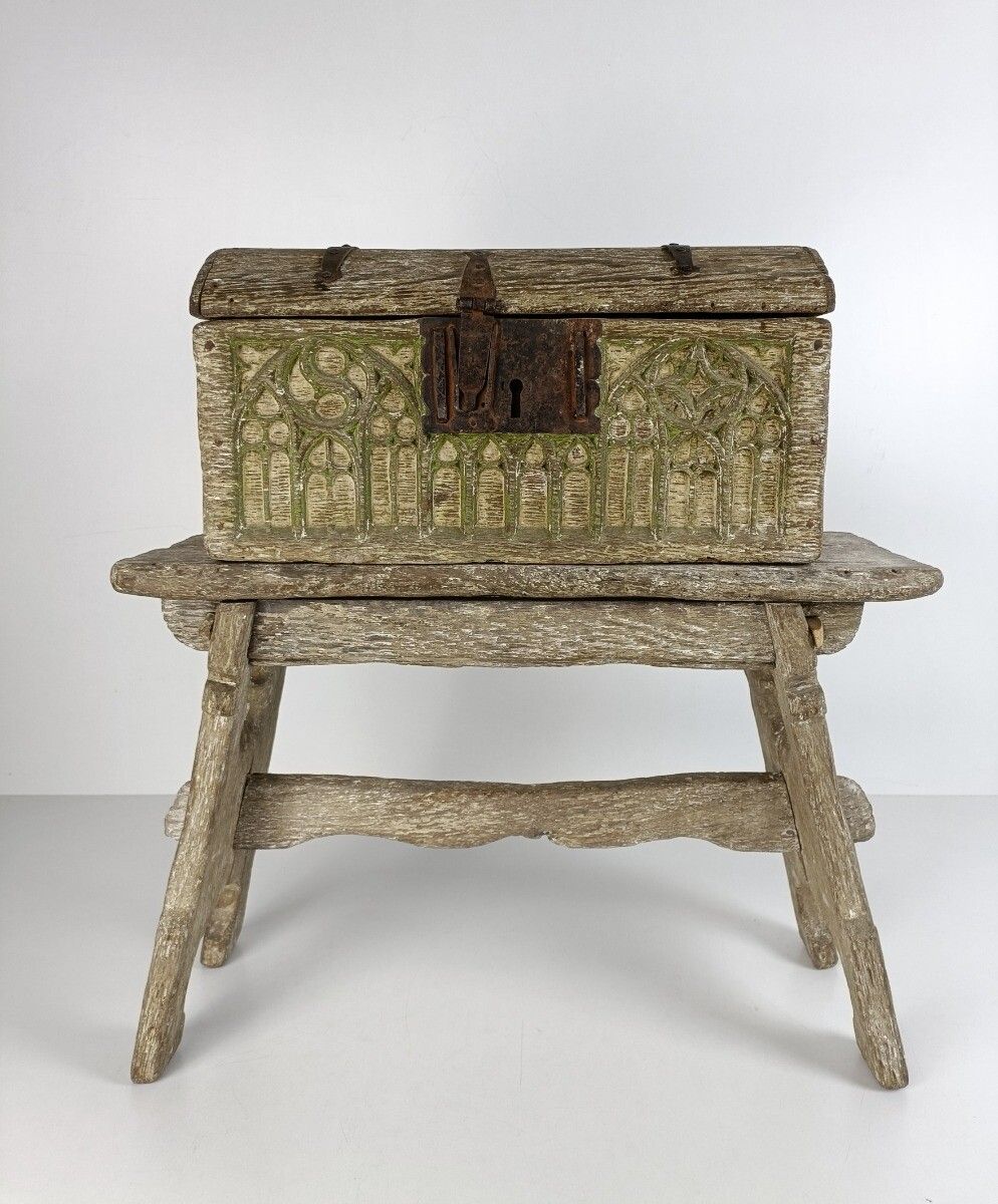 Gothic Antique 18th Century Carved Wooden Set Chest And Bench Polychrome Wow photo 1213.0