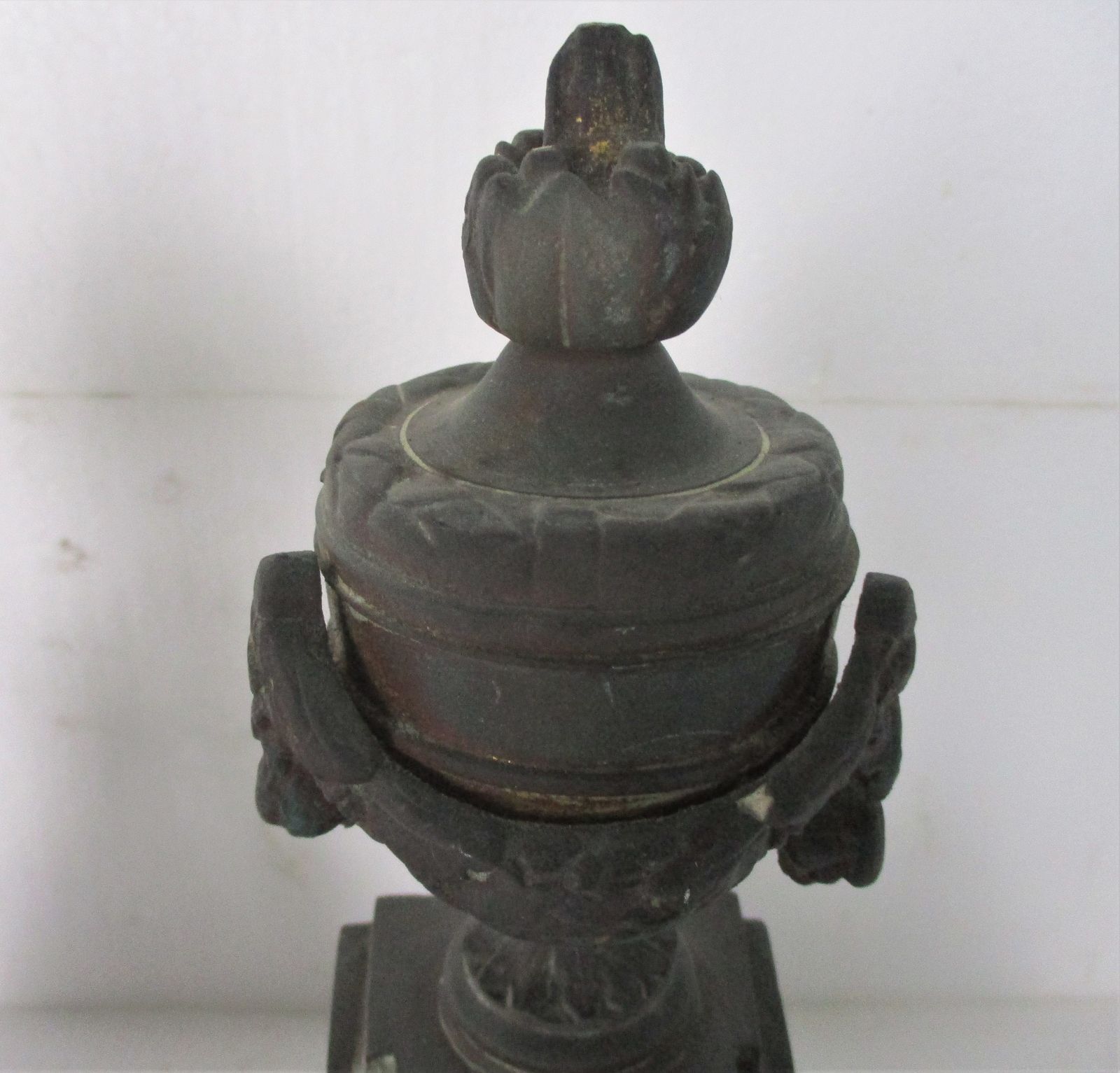 2 Piece Garniture Mantle Set Bronze Ornated Chimney Lining Andirons Heavy Decora photo for sale