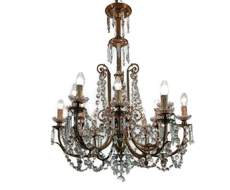 French Antique Chandelier Bronze Dore With Prisms And Bobeches From Portieux 19t
