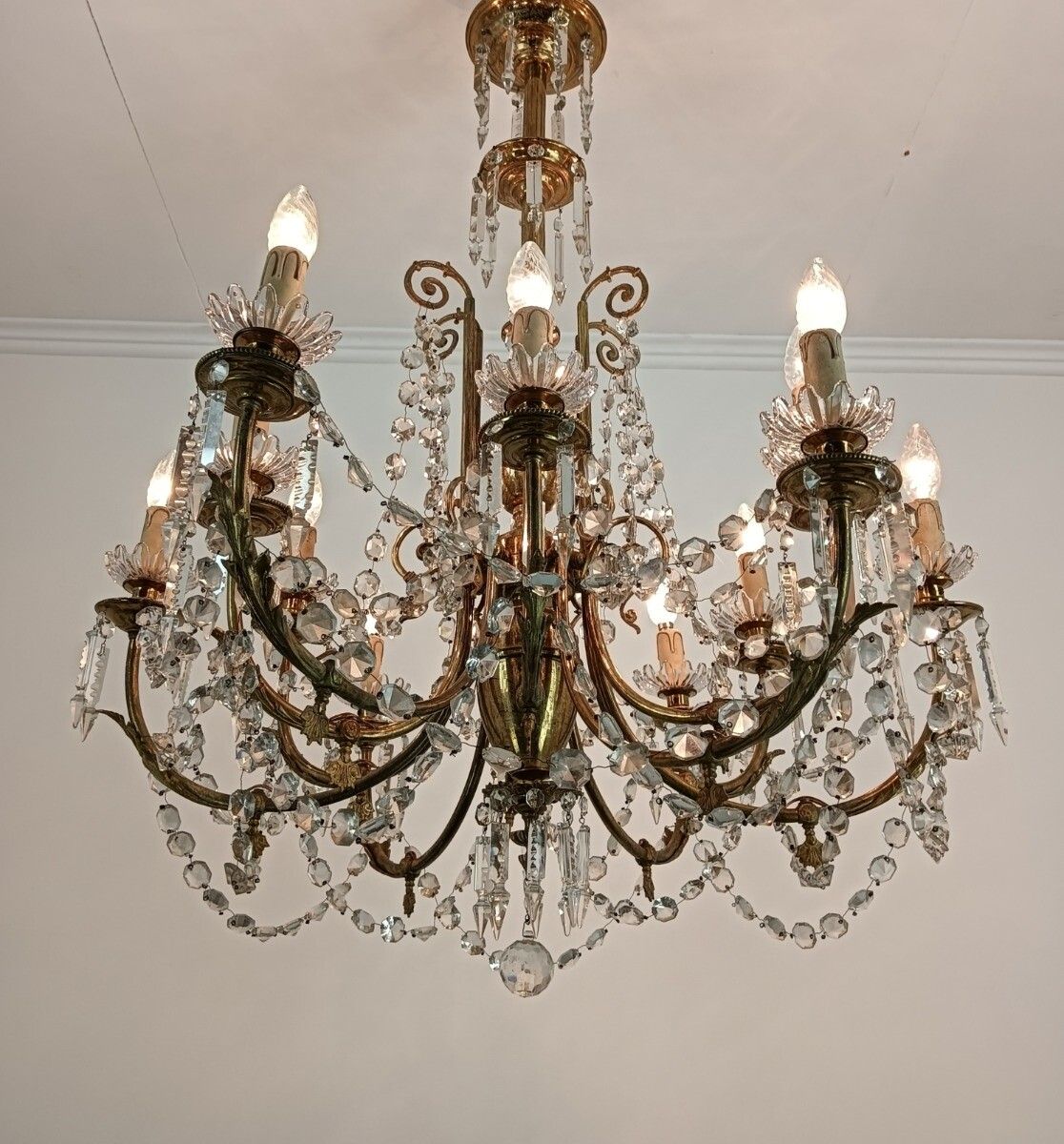 French Antique Chandelier Bronze Dore With Prisms And Bobeches From Portieux 19t photo buy