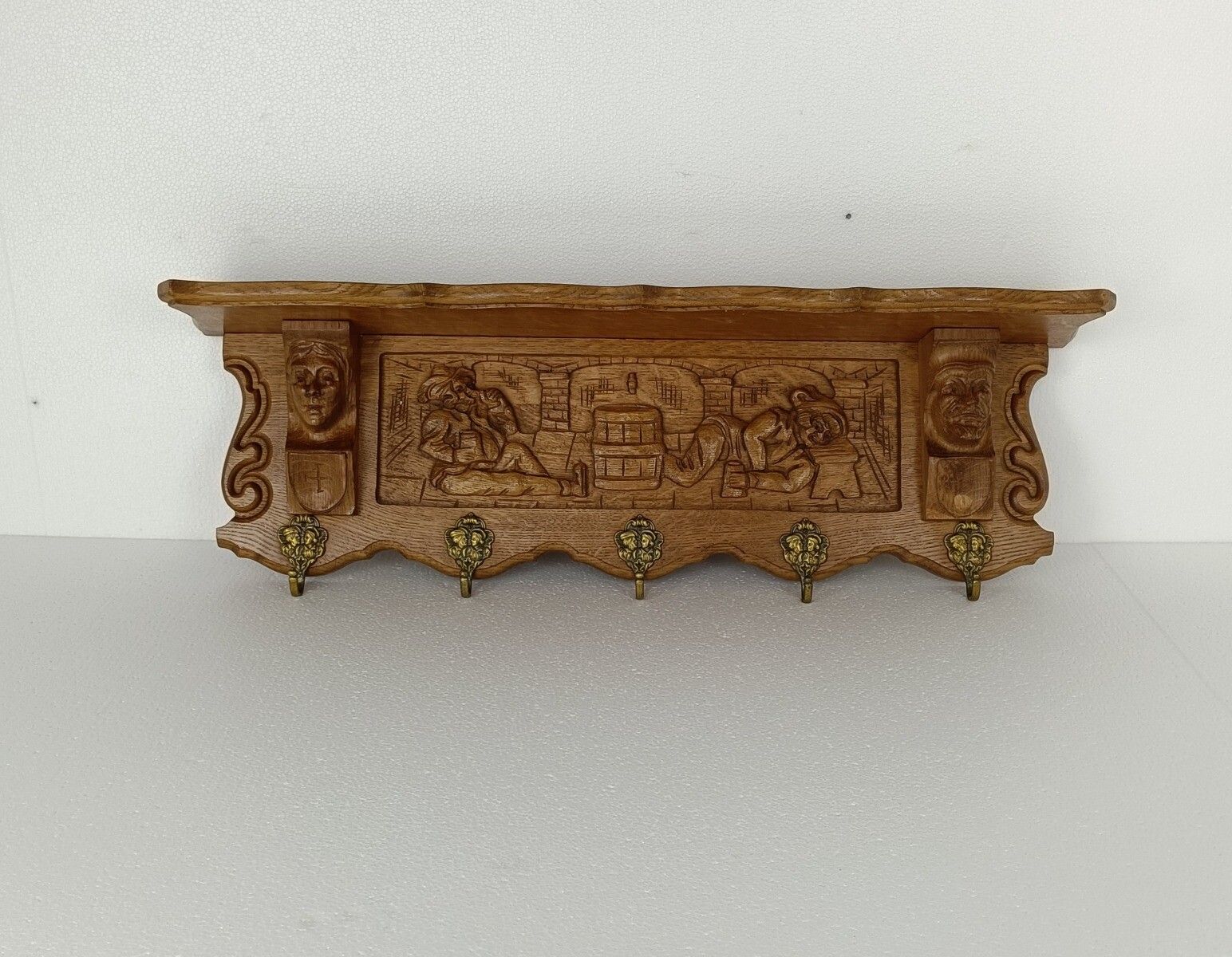 Gorgeous Hand Carved Wood Oak Coat Hat Rack Breughel Style Figurine Heads Antiqu photo furniture