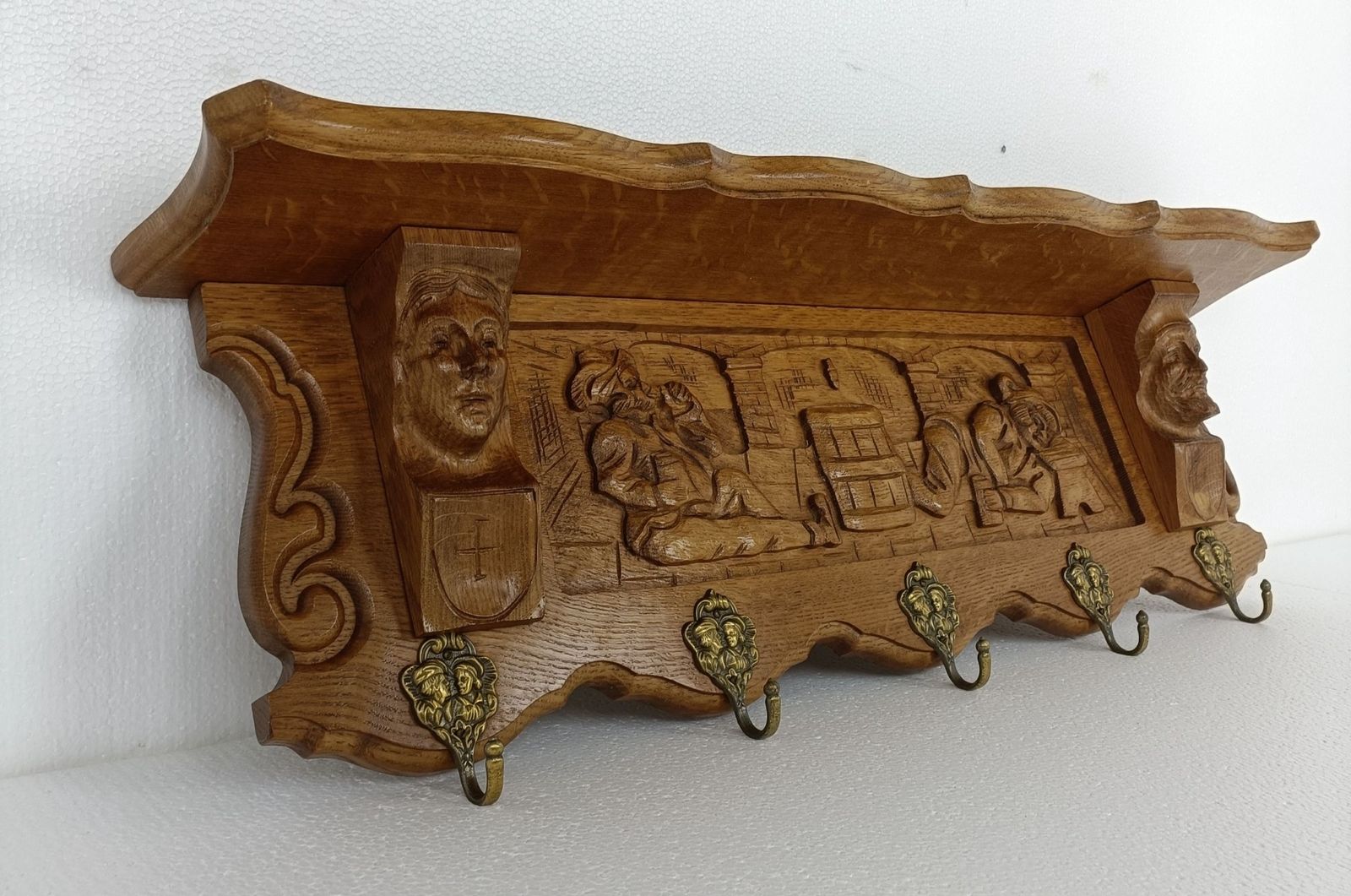 Gorgeous Hand Carved Wood Oak Coat Hat Rack Breughel Style Figurine Heads Antiqu photo for sale