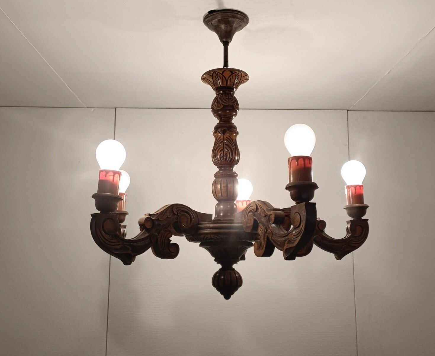Hand Carved Wooden Chandelier 5 Arm 5 Lights Vintage Modernist Barn Style Farmho photo furniture