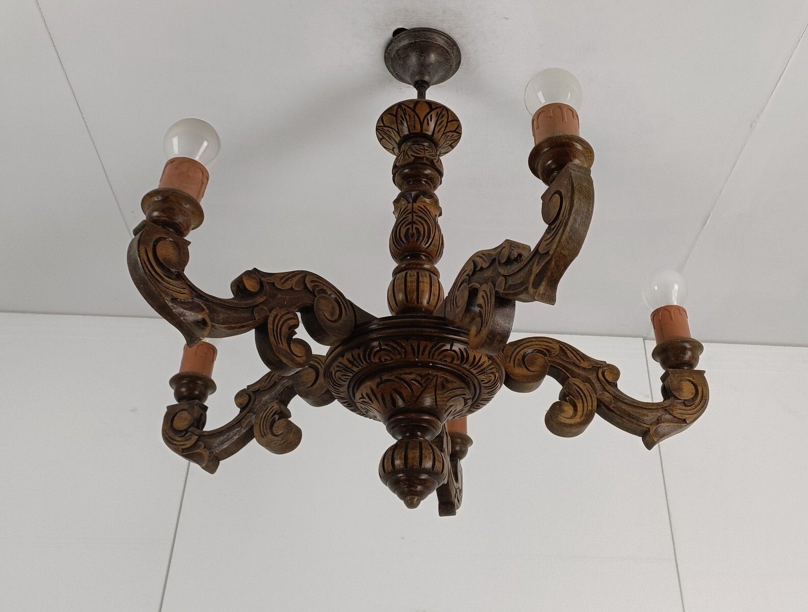Hand Carved Wooden Chandelier 5 Arm 5 Lights Vintage Modernist Barn Style Farmho photo 404.0