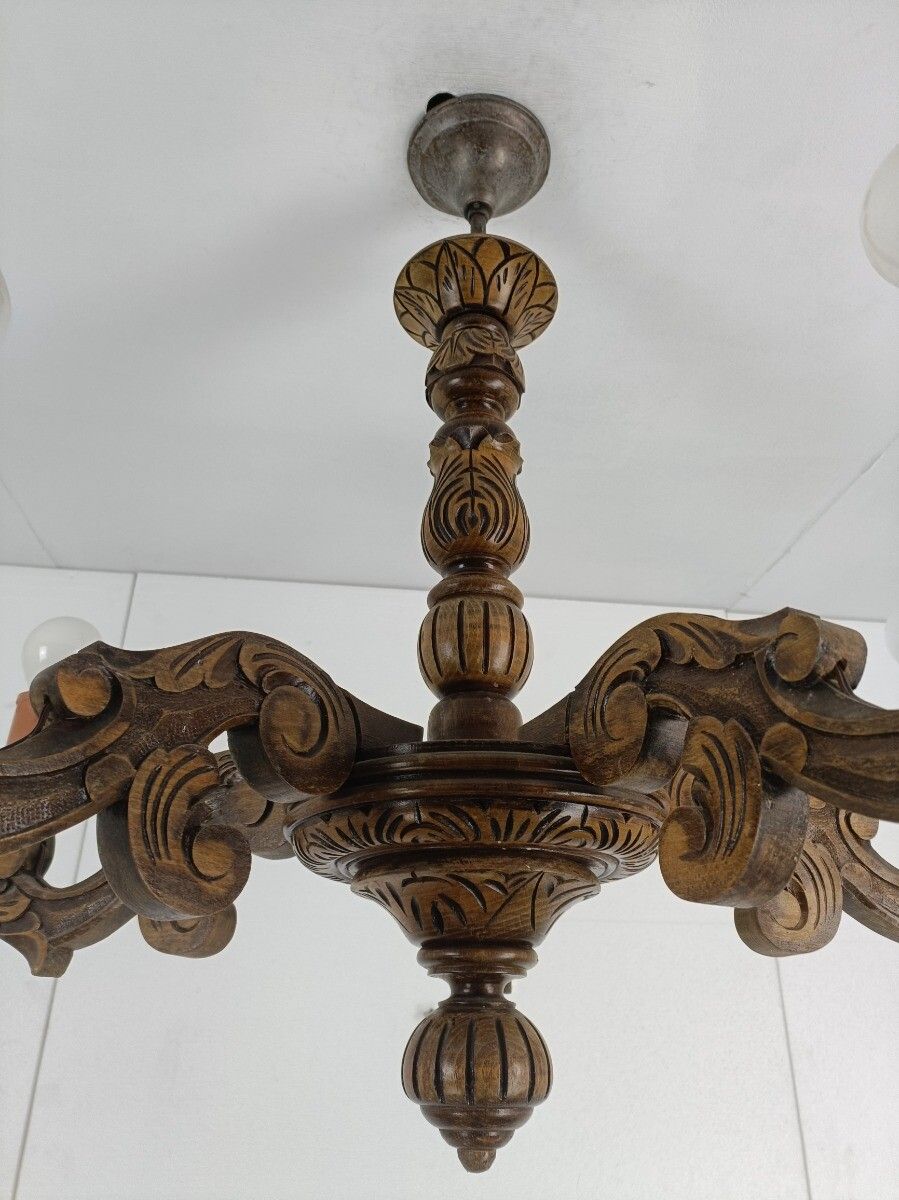 Hand Carved Wooden Chandelier 5 Arm 5 Lights Vintage Modernist Barn Style Farmho photo buy