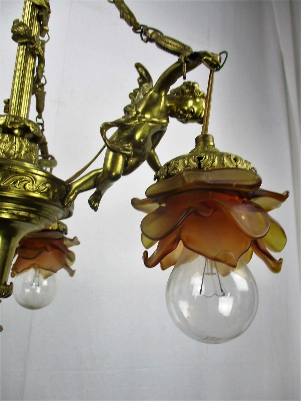 Antique Empire  Chandelier Putti Cherubs Angels 3 Arm Lights Amber Shades Lovely photo 816.0