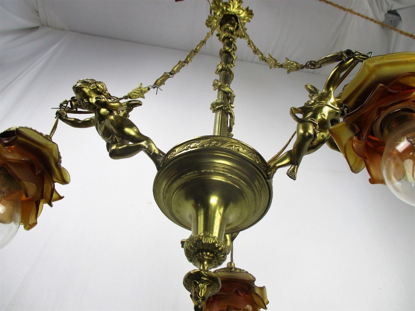Antique Empire  Chandelier Putti Cherubs Angels 3 Arm Lights Amber Shades Lovely photo vinterior