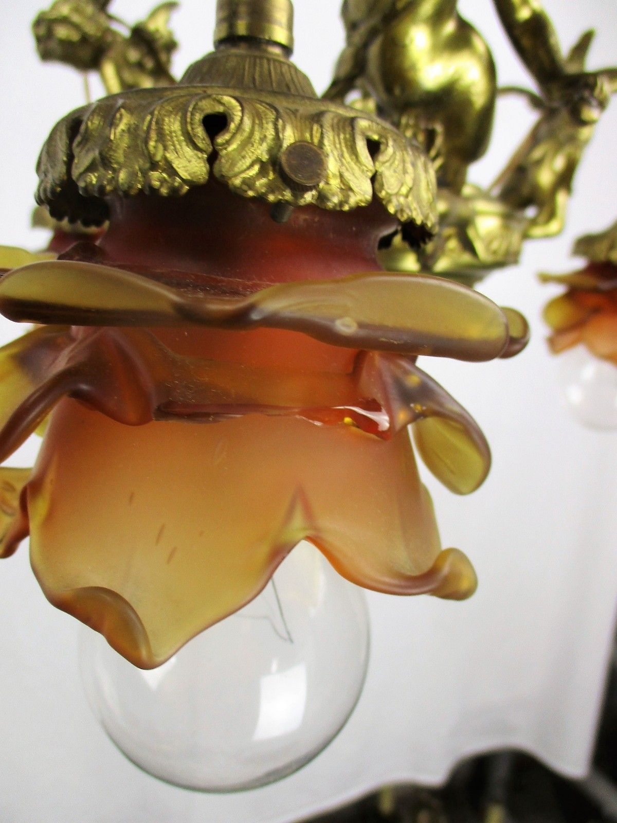 Antique Empire  Chandelier Putti Cherubs Angels 3 Arm Lights Amber Shades Lovely photo vintage