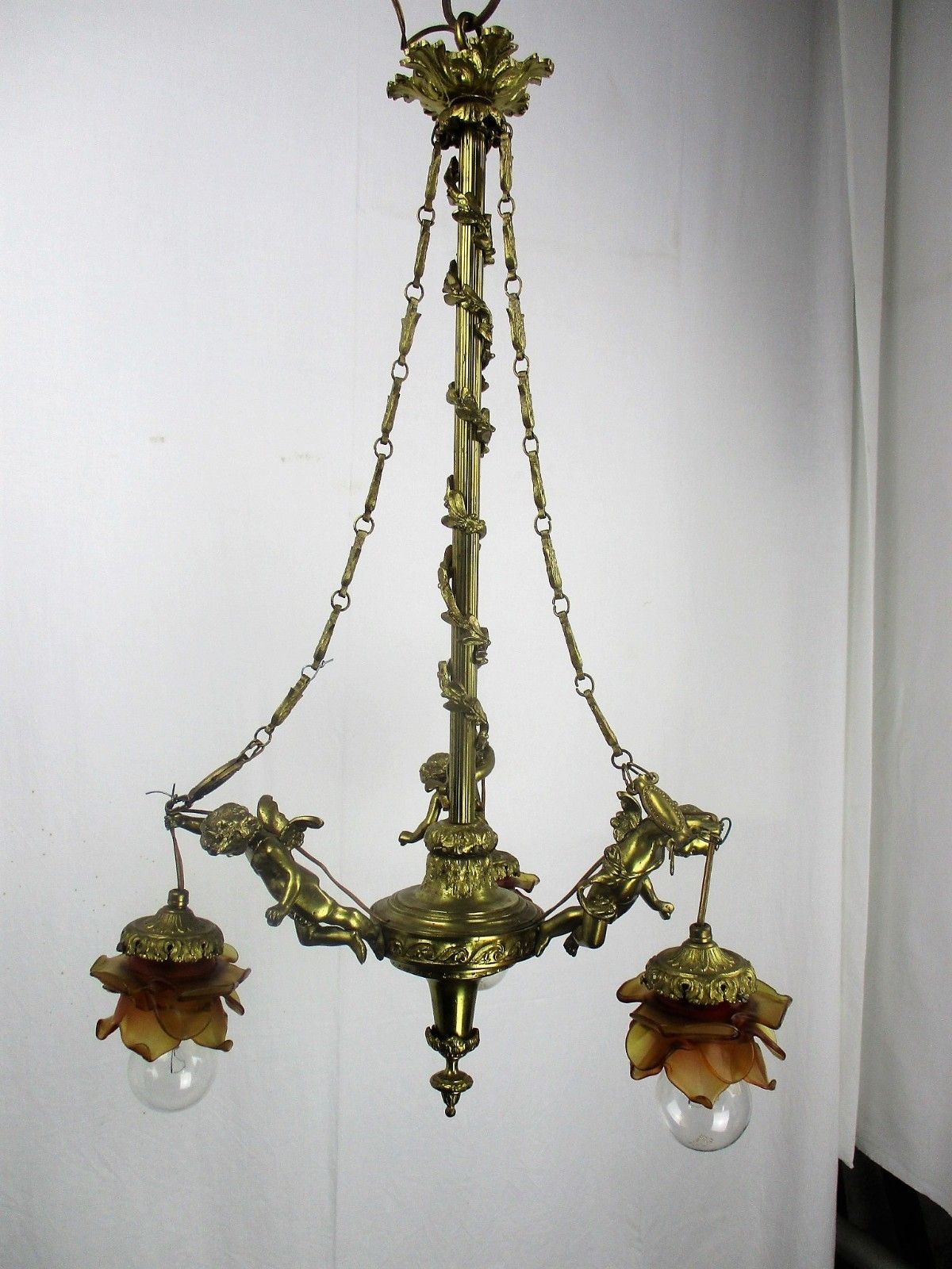 photo furniture Antique Empire  Chandelier Putti Cherubs Angels 3 Arm Lights Amber Shades Lovely