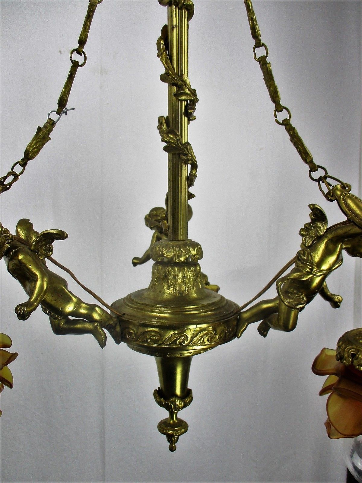 photo for sale Antique Empire  Chandelier Putti Cherubs Angels 3 Arm Lights Amber Shades Lovely