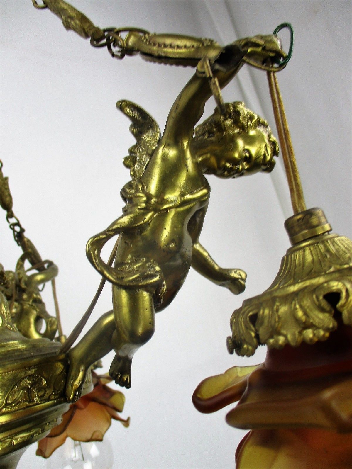 816.0 Antique Empire  Chandelier Putti Cherubs Angels 3 Arm Lights Amber Shades Lovely photo