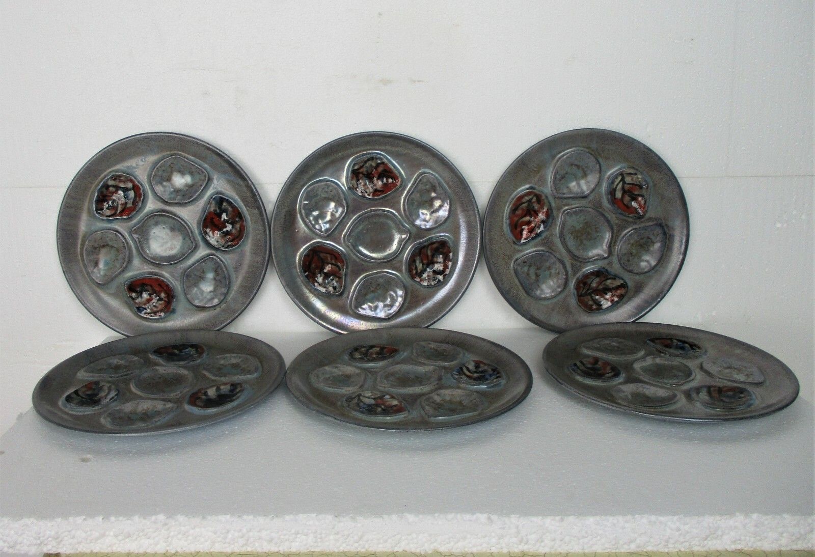 Set Of 6 French Oyster Plates Porcelain Faience Hand Painted Glazed photo for sale