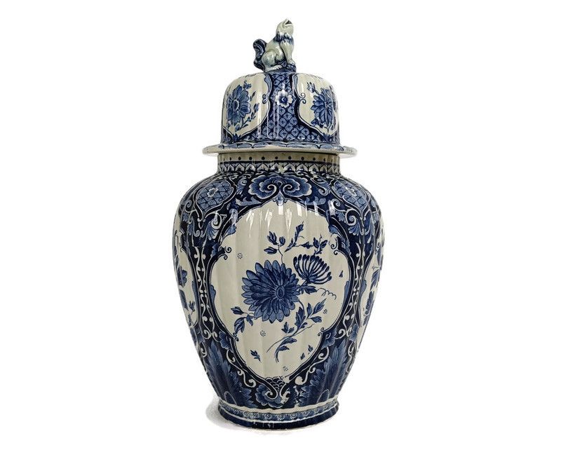 Large Royal Sphinx Maastricht Delft Vase Urn Marked Blue White Foo Dog