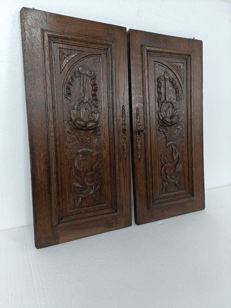 Pair Antique French Hand Carved Wood Oak Door Panels Reclaimed Architectural Flo photo for sale