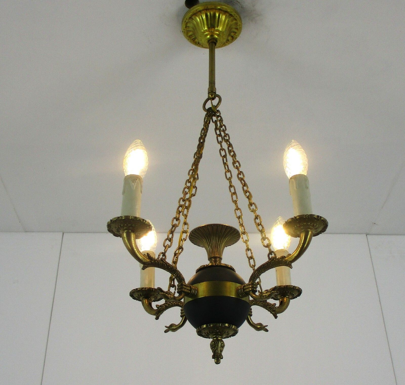 French Empire Pan Chandelier Green Tole Brass 4 Arms Hollywood Regency Ducks Htf photo furniture