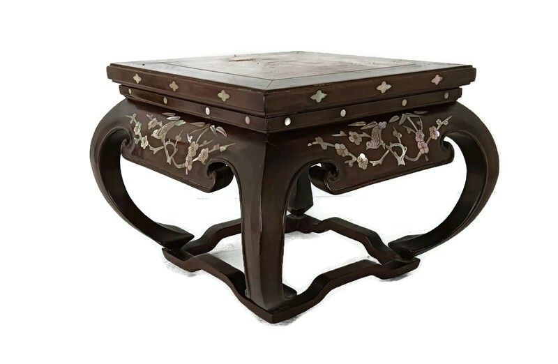 Small Gorgeous Low Chinese Side Bonsai Table Marble Top Mother Of Pearl Wood Vin