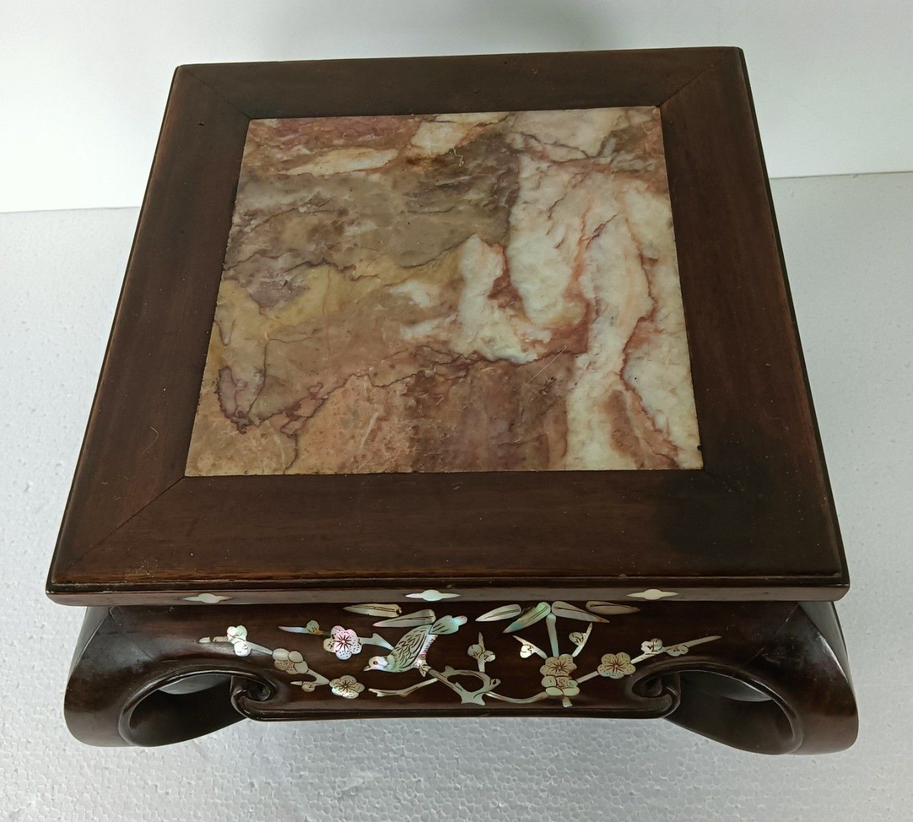 Small Gorgeous Low Chinese Side Bonsai Table Marble Top Mother Of Pearl Wood Vin photo Furniture