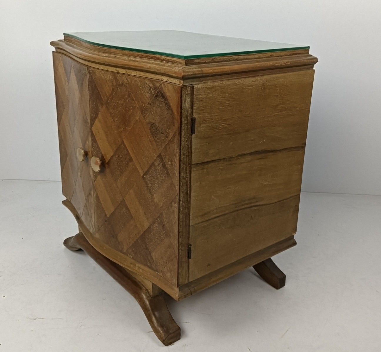 photo furniture Art Deco Nightstand End Table Cabinet Inlay Marquetry Wood Glass Top Antique Lov