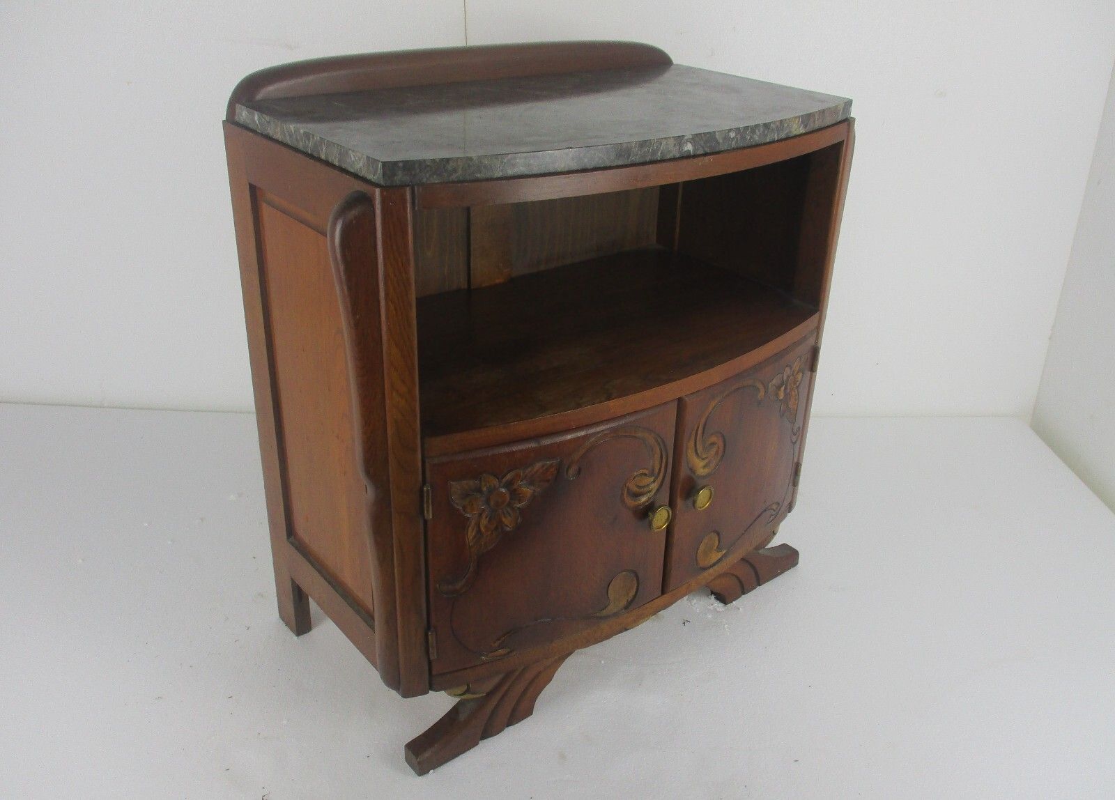 Art Deco Double Cabinet Nightstand Night Stand Marble Top Ornate Wood Lovely photo furniture