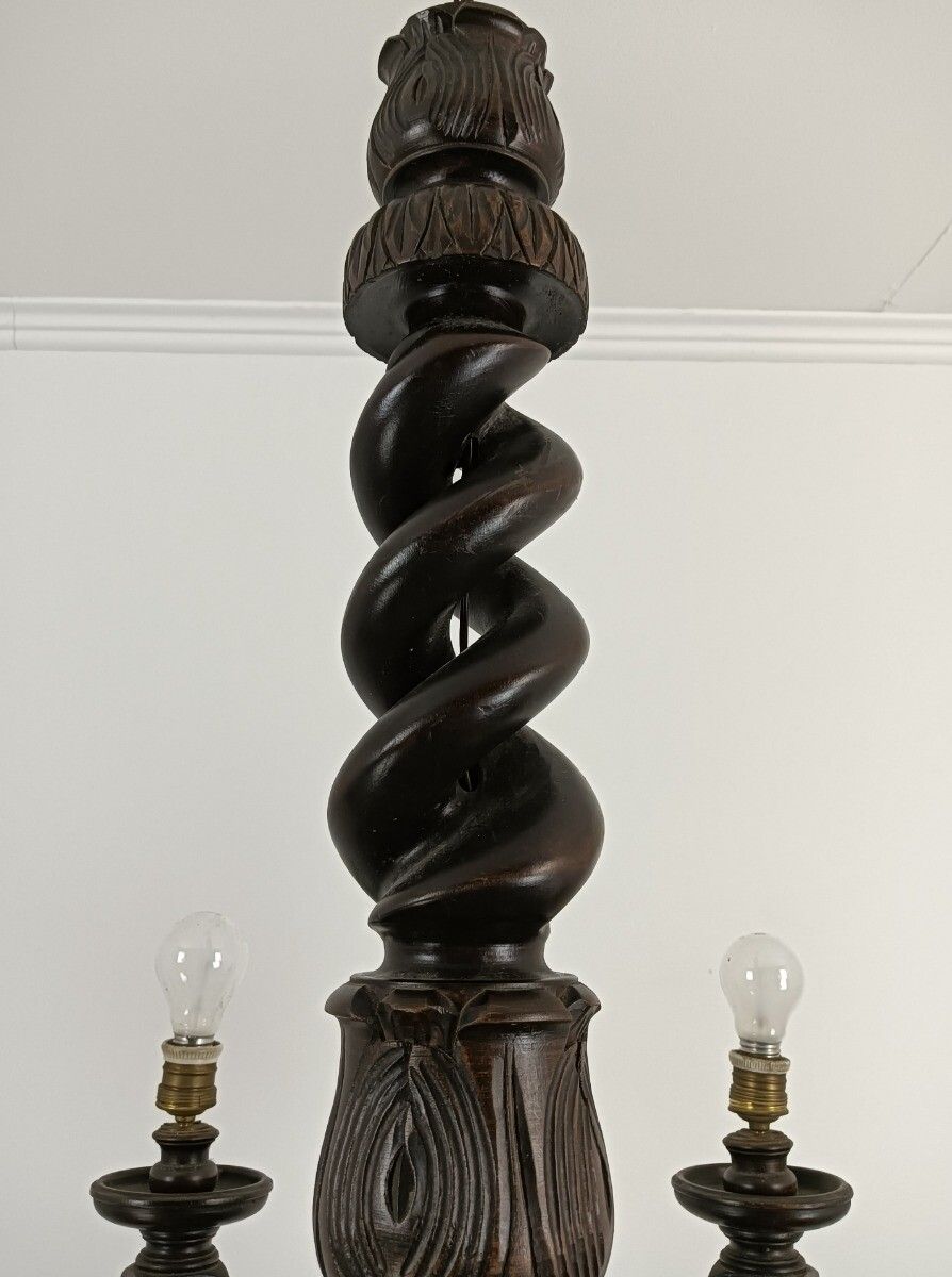 photo for sale Open Barley Twist Twisted Wooden Wood Chandelier 6 Lights Gorgeous Farmhouse Sty