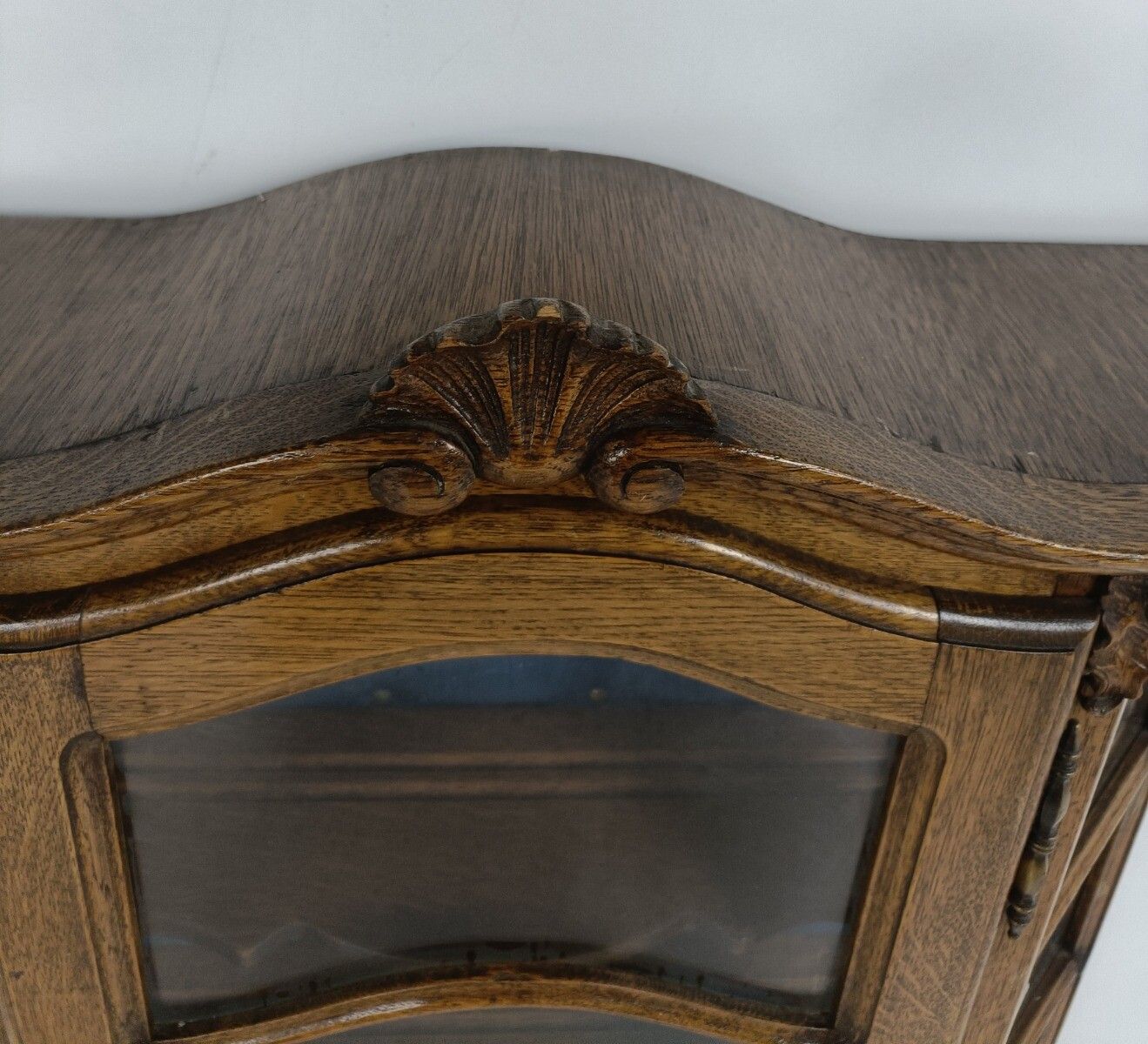Ornate Carved Wood Glass Doors Display Cabinet Blue Velvet Modernist Vintage photo for sale