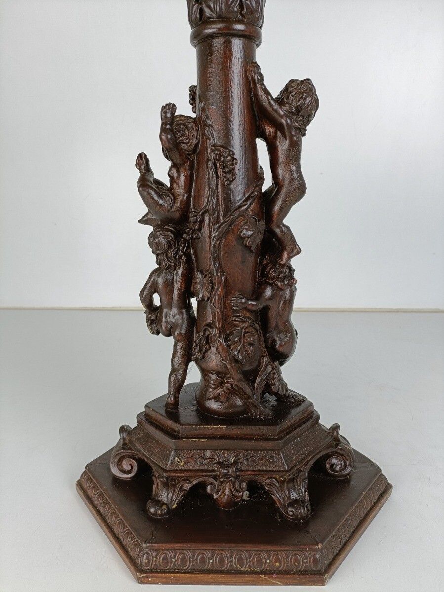 Ornate Vintage Resin Plant Stand Pedestal Side Table Putti Playing Faux Wood Far photo vinterior