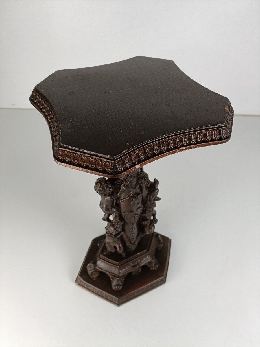 Ornate Vintage Resin Plant Stand Pedestal Side Table Putti Playing Faux Wood Far photo vintage
