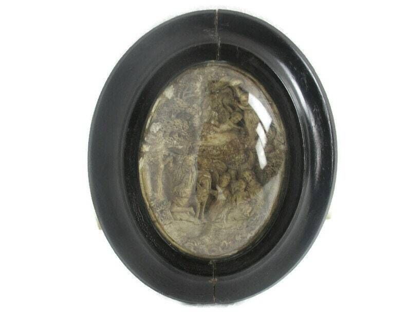 Antique Oval Ornate Wooden Frame  Convex Glass Dome Religious Scene Angels Meers