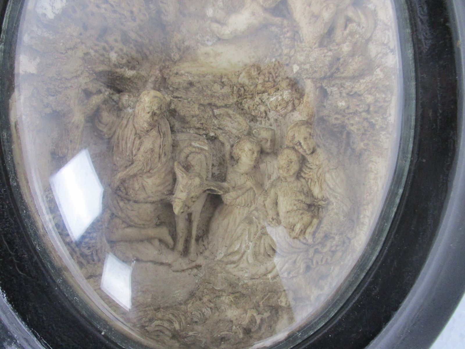 Antique Oval Ornate Wooden Frame  Convex Glass Dome Religious Scene Angels Meers photo for sale